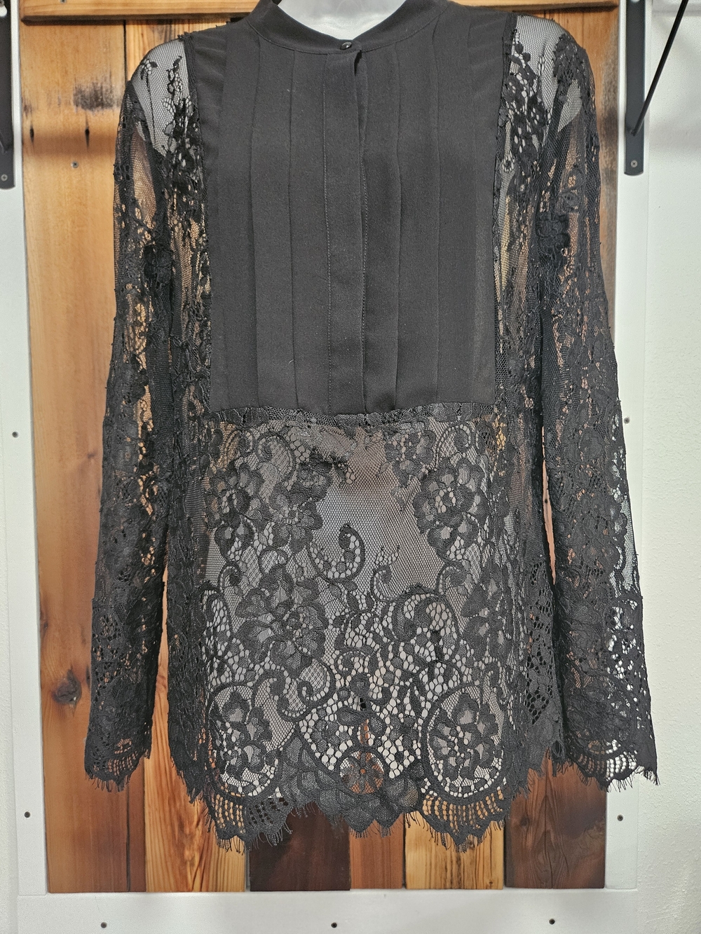 White House Black Market Black Lace Pleated Bib Long-Sleeve Blouse